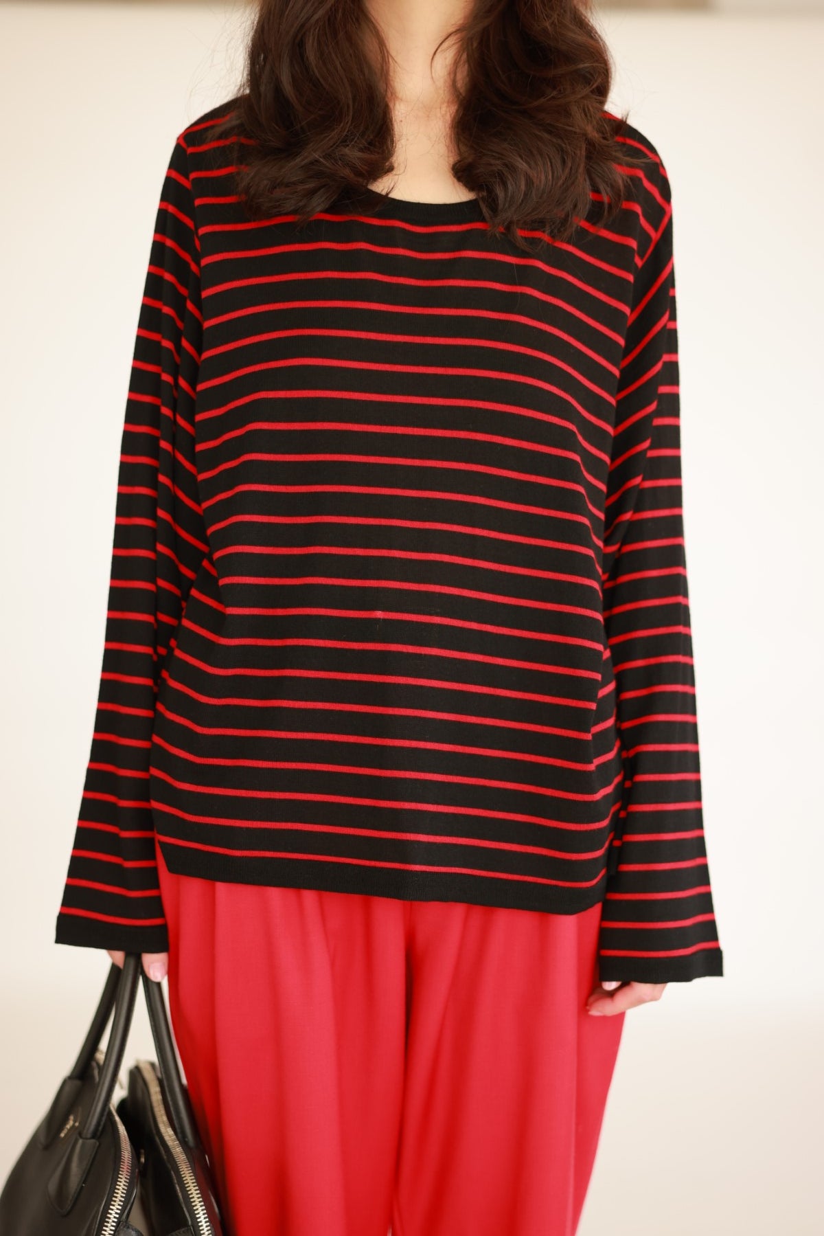 Merino wool and silk sweater red and black stripes
