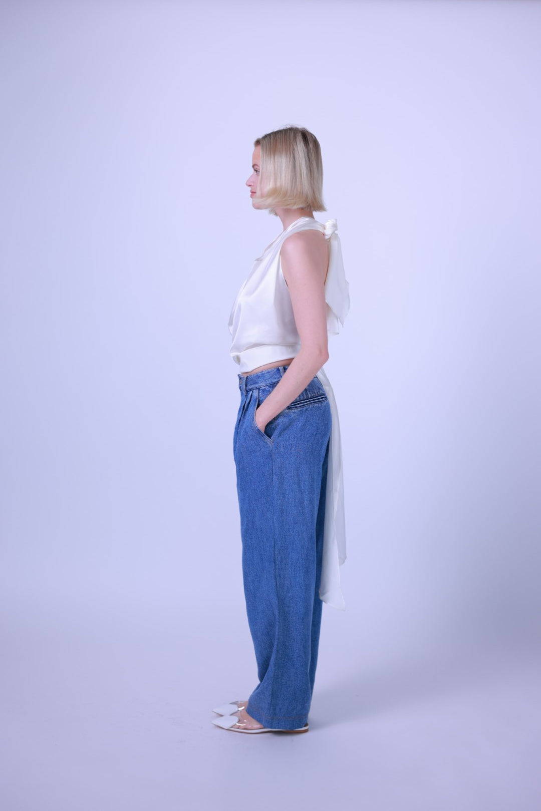Silk top black/blue/white