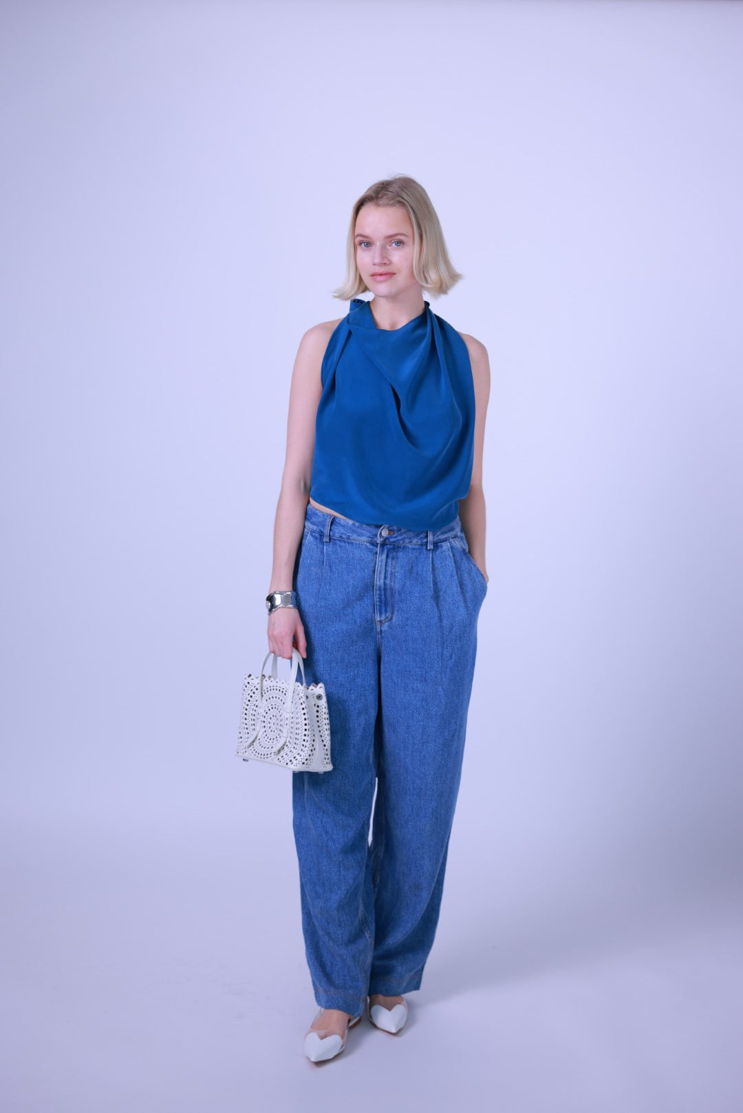 Silk top black/blue/white