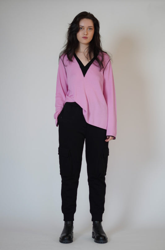 Wool v-neck pink/black